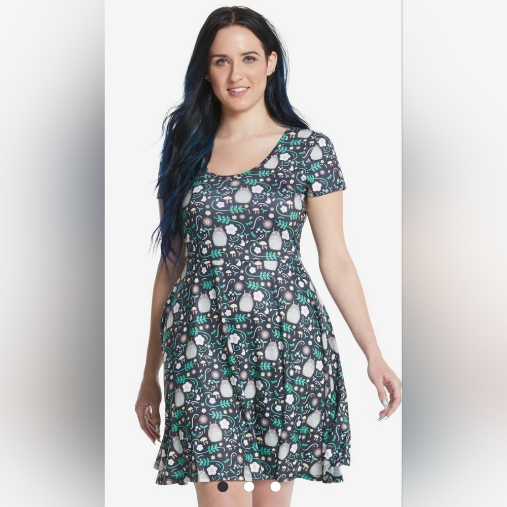 Her Universe~My Neighbor Totoro Animal Print Cat Gray Pink Bow Back Midi Dress